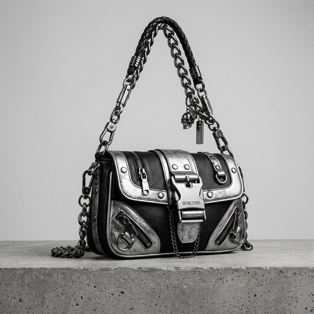 Metallic Chrome & Leather Cyber Crossbody