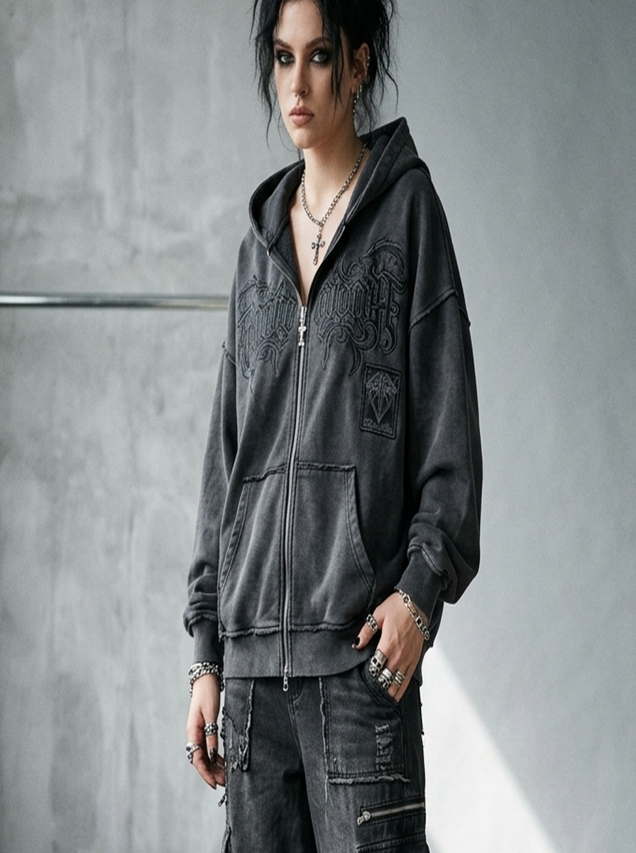 Washed Charcoal Cyber Punk Oversized Zip Hoodie — angle 2