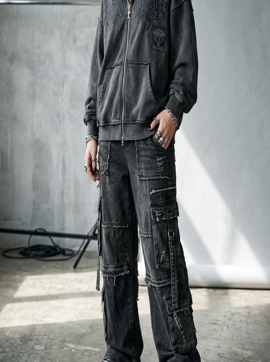 Washed Charcoal Cyber Punk Oversized Zip Hoodie — angle 6