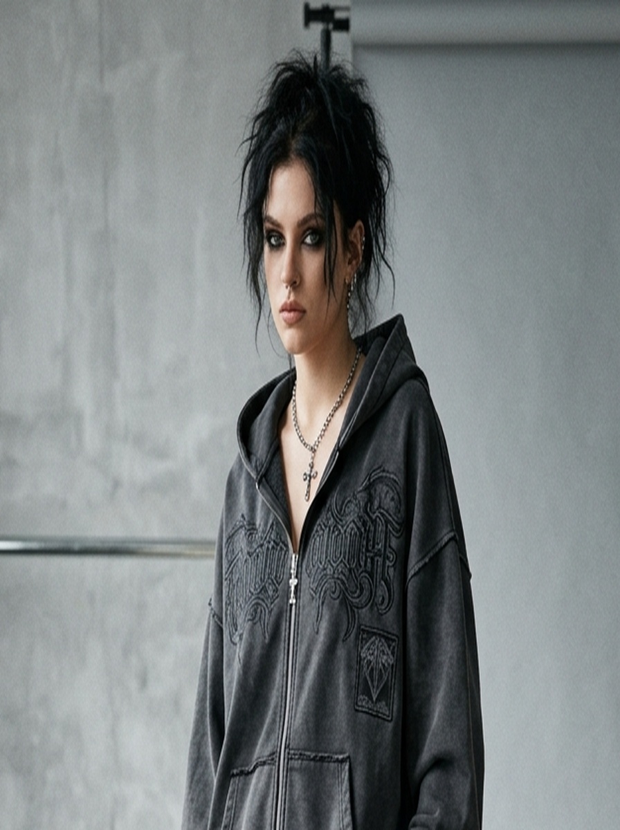 Washed Charcoal Cyber Punk Oversized Zip Hoodie — angle 4