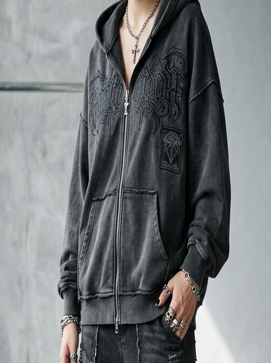 Washed Charcoal Cyber Punk Oversized Zip Hoodie — angle 3