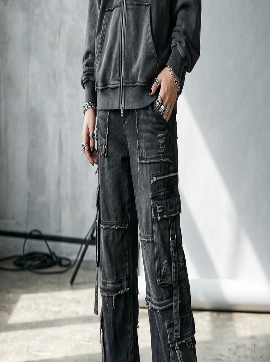 Washed Charcoal Cyber Punk Oversized Zip Hoodie — angle 5