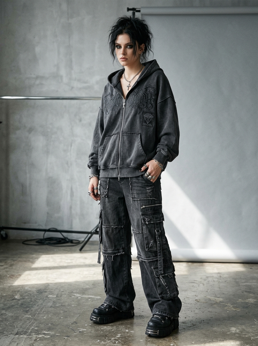 Washed Charcoal Cyber Punk Oversized Zip Hoodie